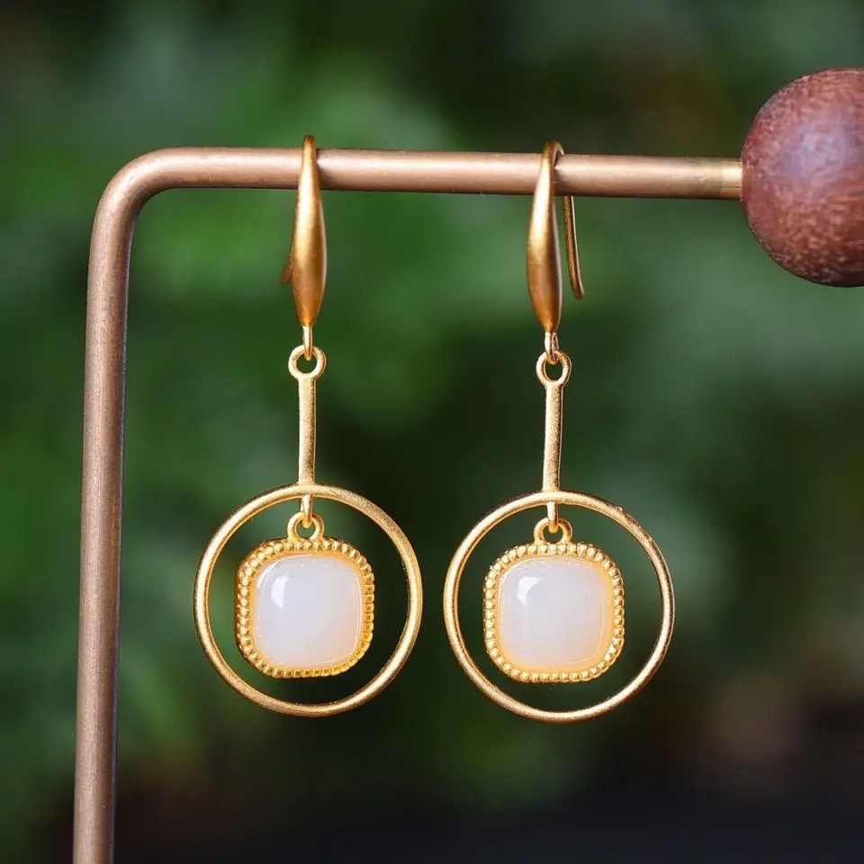 

S925 Sterling Silver New Natural Square White Jade Ancient Gold Craft Earrings Personalized round Beads Temperament Earrings for