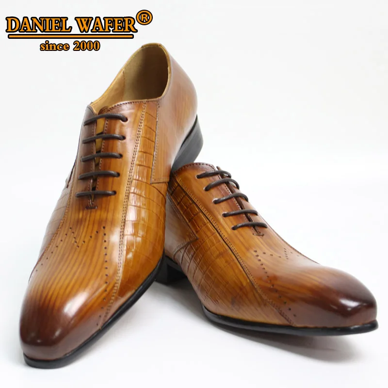 Luxury Italian Men's Oxford Genuine Leather Shoes Men Dress Shoes Brown Black Pointed Toe Lace Up Wedding Business Formal Shoes