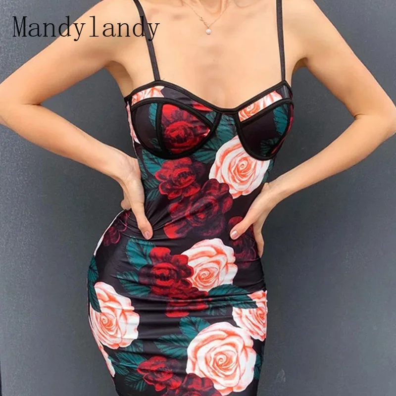 

Mandylandy Women's Sexy Sleeveless Printed Slim Dress Summer Fashion Sheath Spaghetti Strap High Waist Strapless Dress