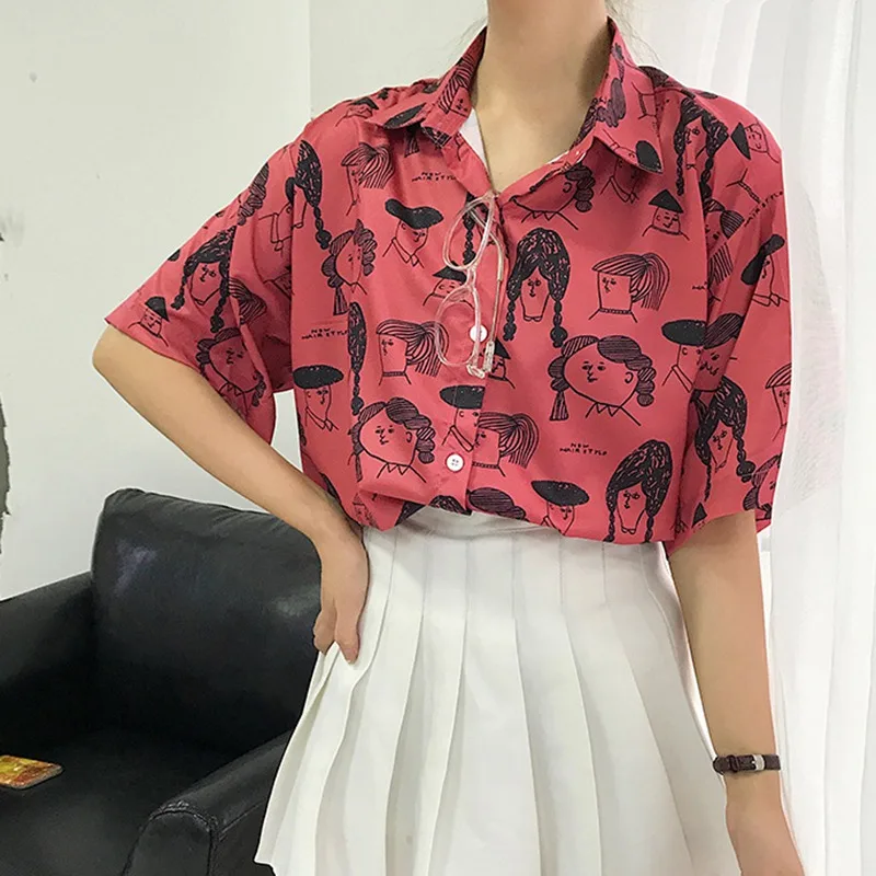 

Fashion Character Girl Printed Blouse Women Graffiti Blouses Streetwear Short Sleeve Turn Down Collar Loose Shirt Women Tops