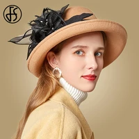 fs women black cloche hat chapeau casual wool fedora hats flower feather wide brimmed dome cap high quality autumn winter caps