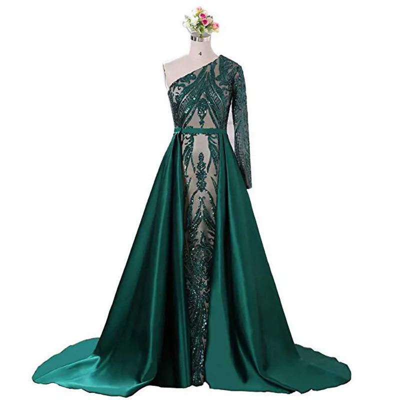 

Dubai Evening Dress 2021 Luxury Green Sequeined One Shoulder Mermaid Long Train Satin Sexy Evening Gowns Plus Size BLE4014
