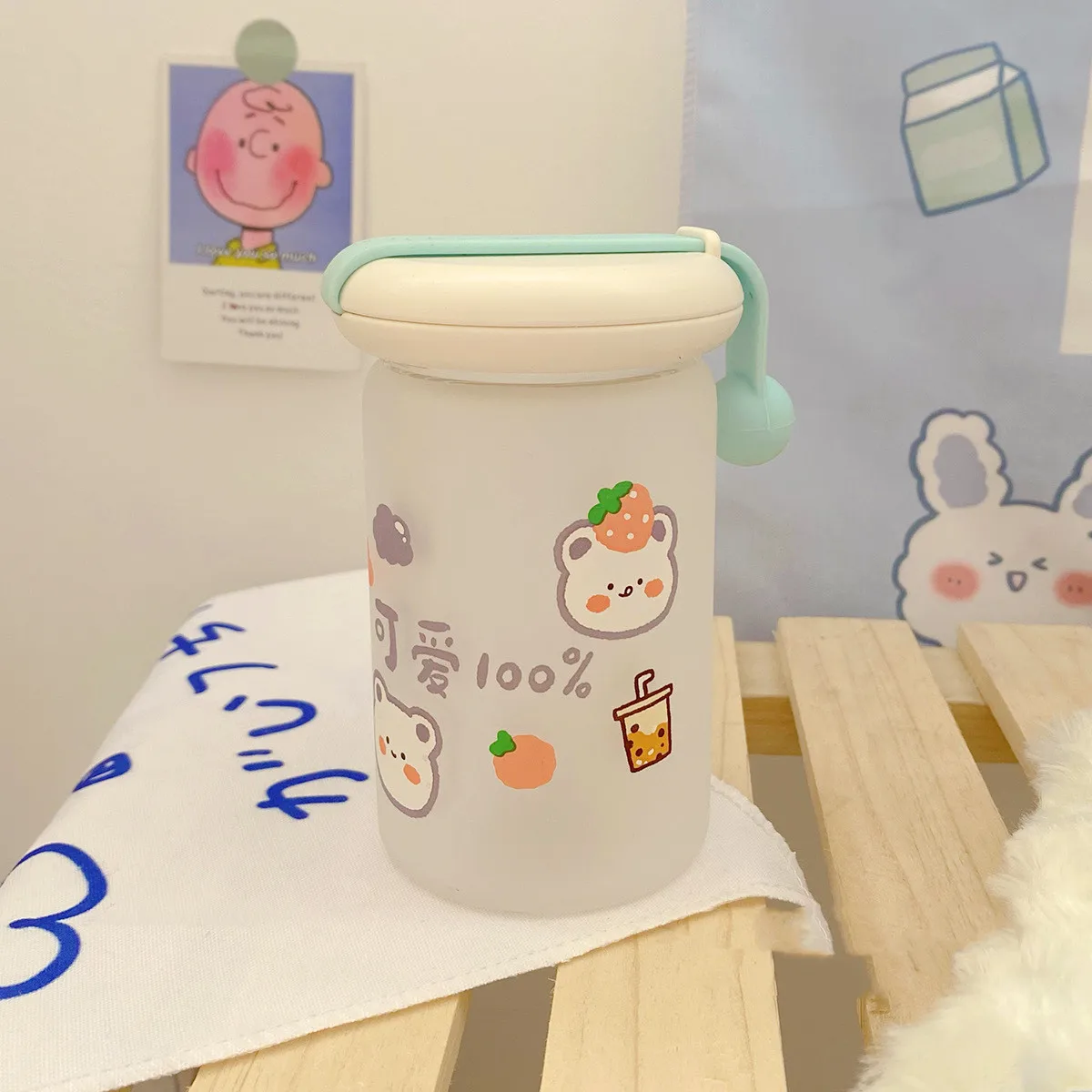 

Simple frosted water cup for students with cartoon pattern glass cute girl heart large capacity cup