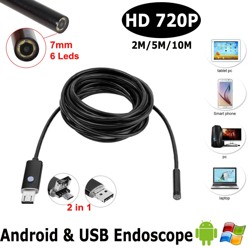 2в1 эндоскоп микро USB Камера Эндоскоп для Andriod телефона и ПК 7 мм Диаметр 6LED 60