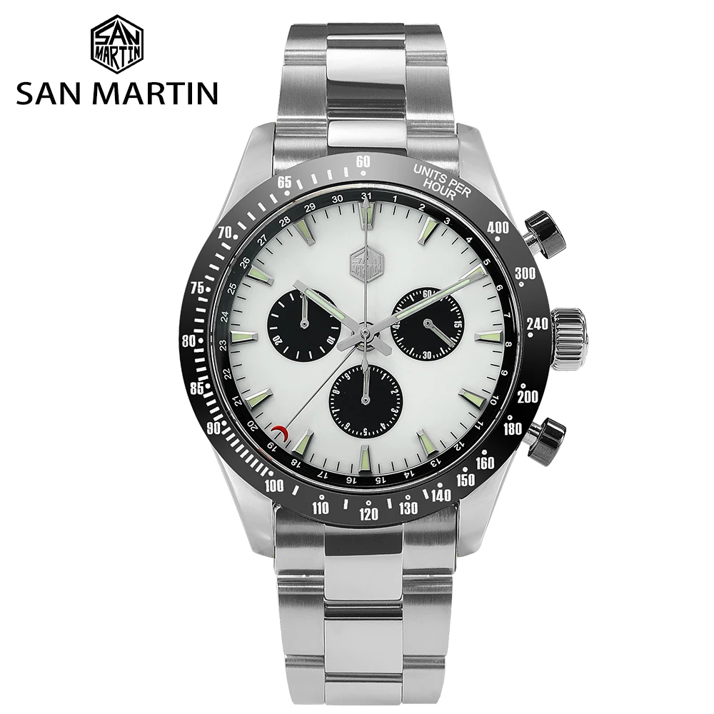 

San Martin Quartz Chronograph Watch Men Stainless Steel Business Classic Swiss Ronda 5040 F Sapphire Ceramic Top Ring Luminous