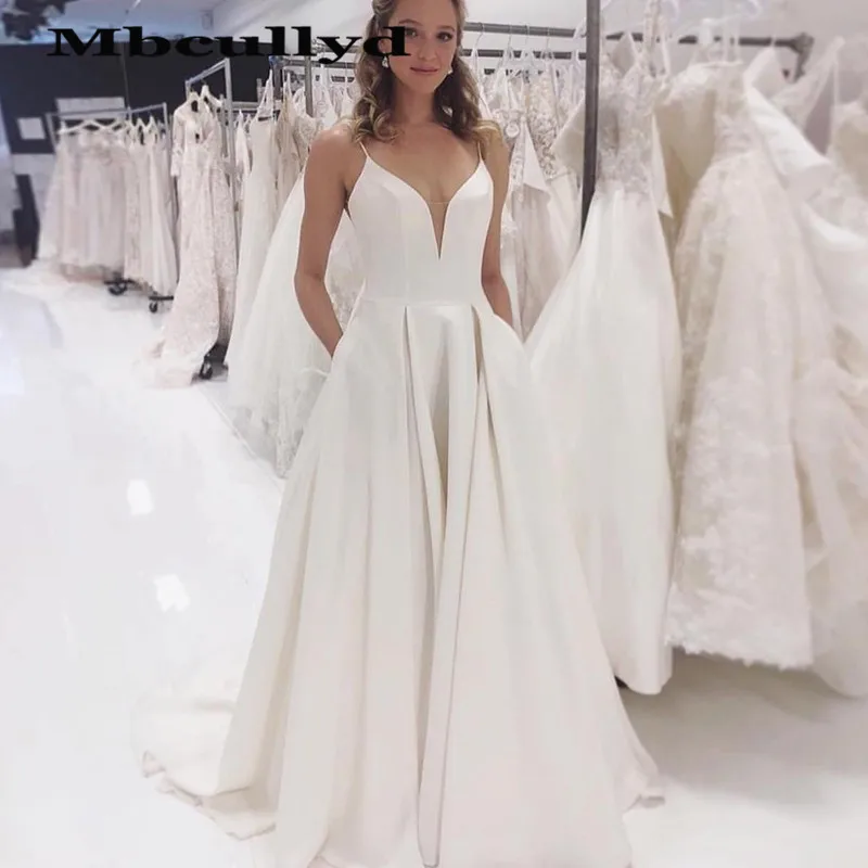 Mbcullyd A Line свадебное платье 2020 с карманом Роскошные атласные официальные длинные
