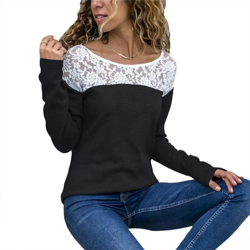 

Plus Size Solid Color Lace Patchwork Women Round Neck Long Sleeve T-Shirt Top