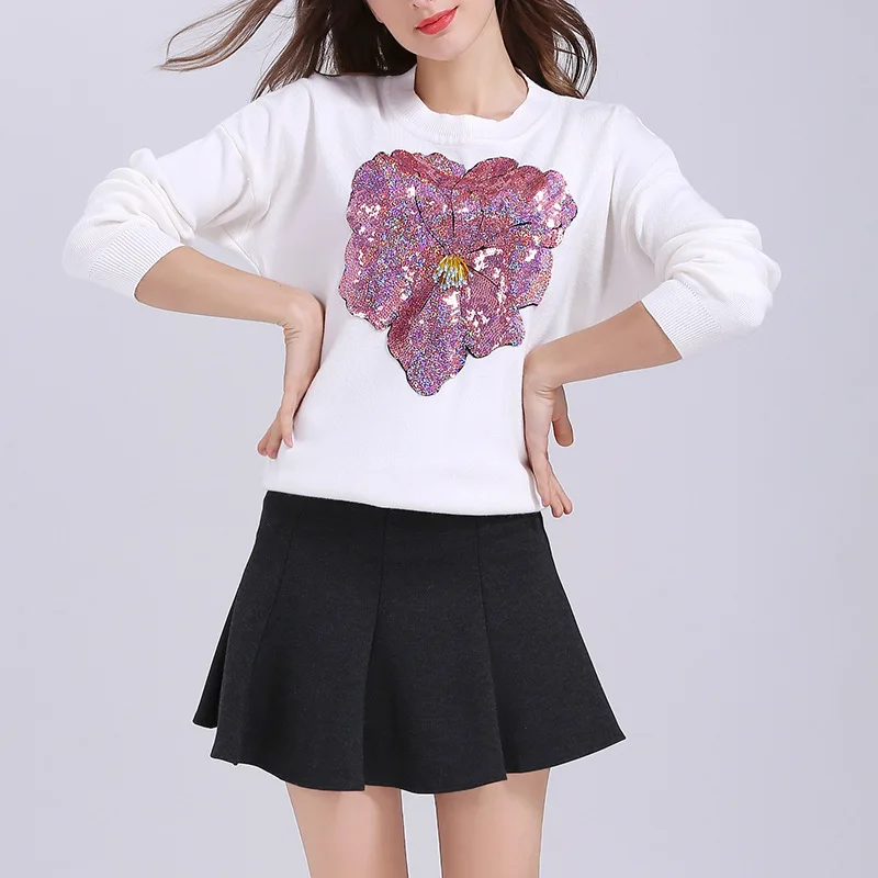

Women's knitted sweater, spring 2020, new flowers, sequins, loose, wild, round neck sweater, fashion pullover female sweater