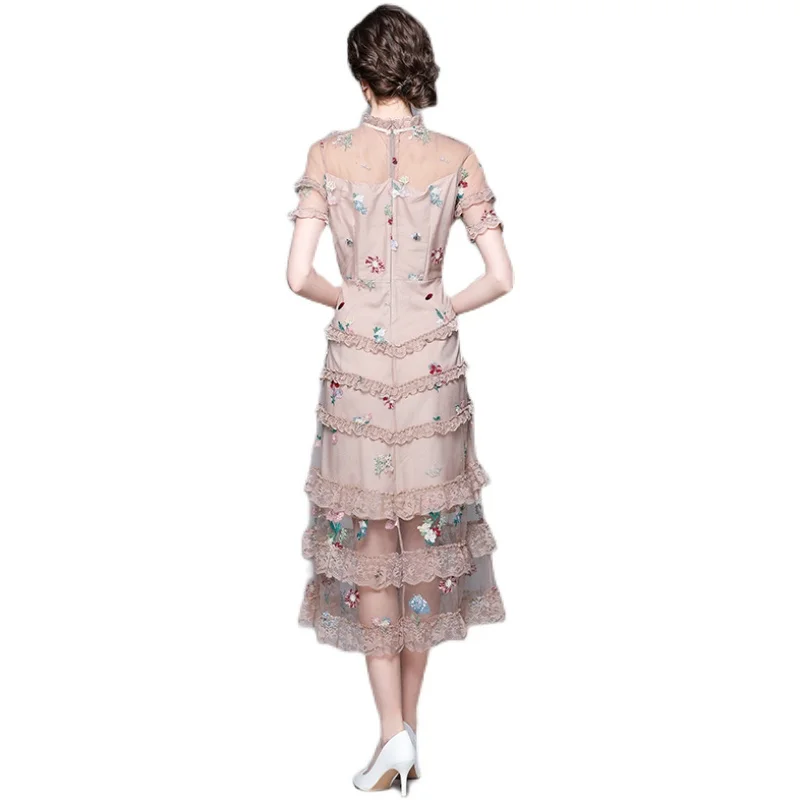 

COIGARSAM Ruffles Women dress Lace Mesh Dresses Apricot 9988