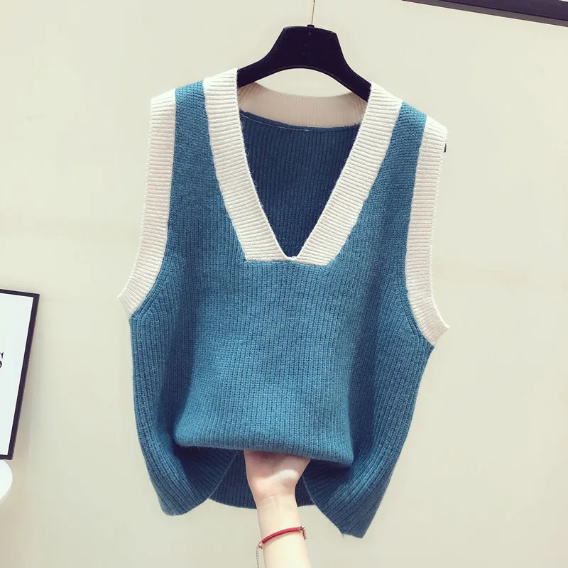 Вязаный свитер жилет одежда без рукавов женский разноцветный контрастный стиль