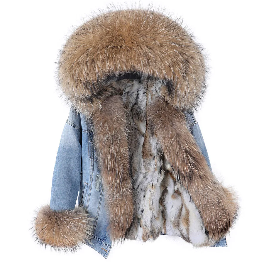 Maomaokong Denim Jacket Parka Winter Women Parkas Real Fur Collar Coat Natural Raccoon Fur Hood Real Rabbit Fur Liner Luxury