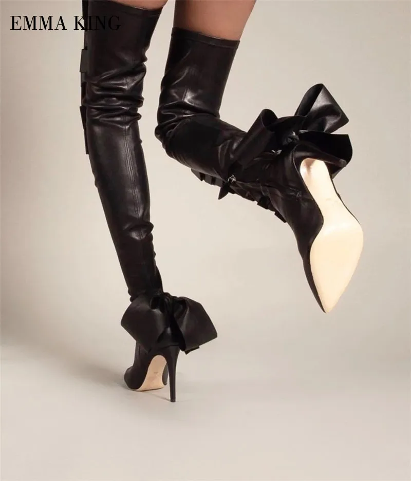 

Женские эластичные сапоги выше колена, Демисезонные женские тонкие высокие сапоги с острым носком и лентой сзади, на шпильке, 2020