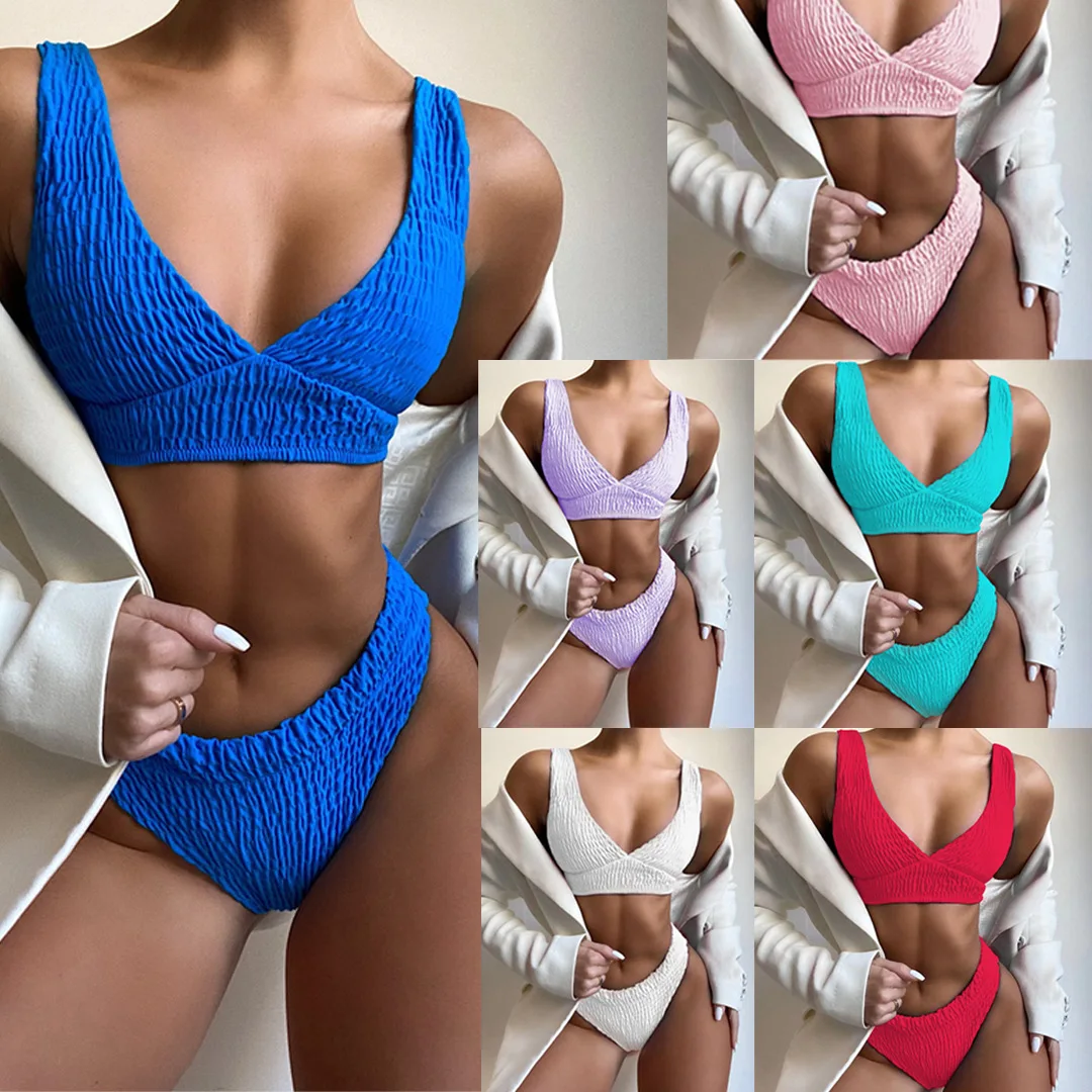 

Hot Sale 2021 Multicolor Solid Color Bikini Tucked Sexy Split Swimsuit Women Swimsuit 2 Piece Set Wholesale
