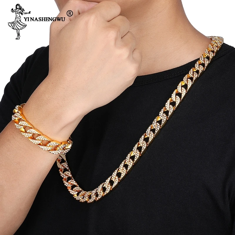 Hip Hop Necklace +Watch+Bracelet Miami Curb Cuban Chain Gold Color Iced Out Paved Rhinestones CZ Bling Rapper For Men Jewelry