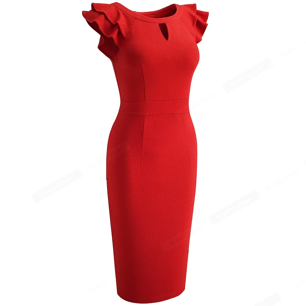 

Women Intellectual Elegant Solid Color Hollow O Neck Ruffle Sleeve Business Lady Bodycon Pencil Dress HB648