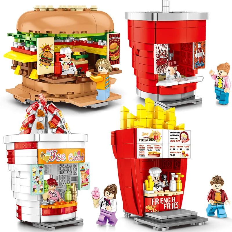 

City Mini Street Toy 3D Model Retail Shop Store Hamburger Ice Cream French Fries Miniature Building Block Set Toys For Children