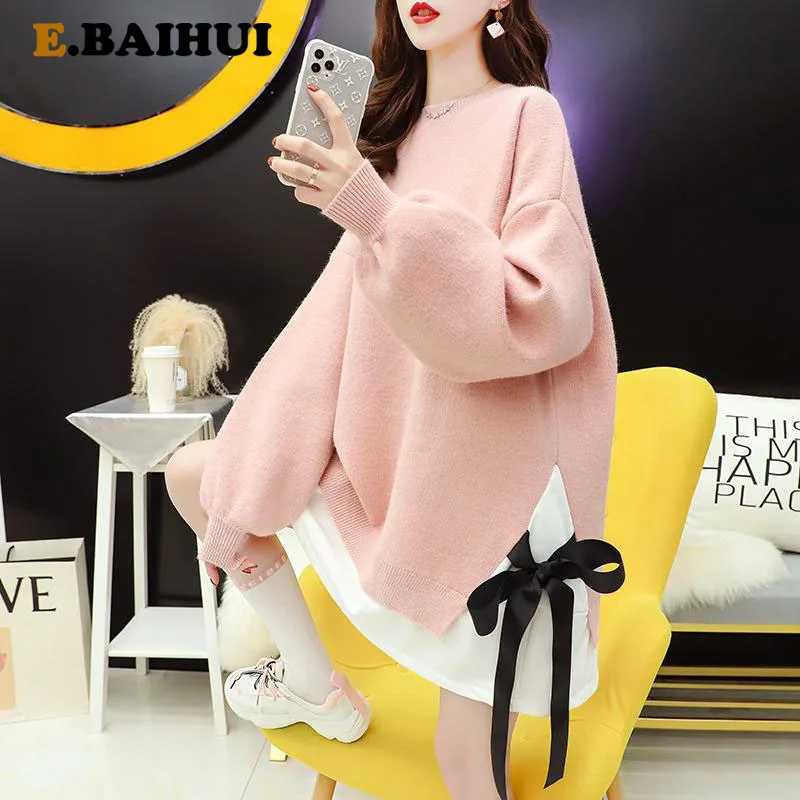 

EBAIHUI Oversize Pullover Sweater Women Bowknot Solid Outwear 2020 Winter Korean Retro Loose Sweater