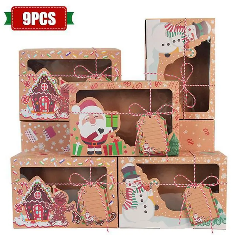 

9Pcs Christmas Cookie Box Kraft Paper Candy Gift Boxes Bags Clear Window Candy Box Cake Box Gift Bags for Kids Xmas 2021 Noel