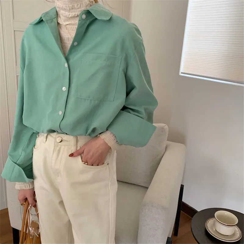 

HziriP Spring Autumn OL Elegant Minimalist Single-breasted Basic Shirt Women Solid Blouses Loose Lapel Long Sleeve Tops