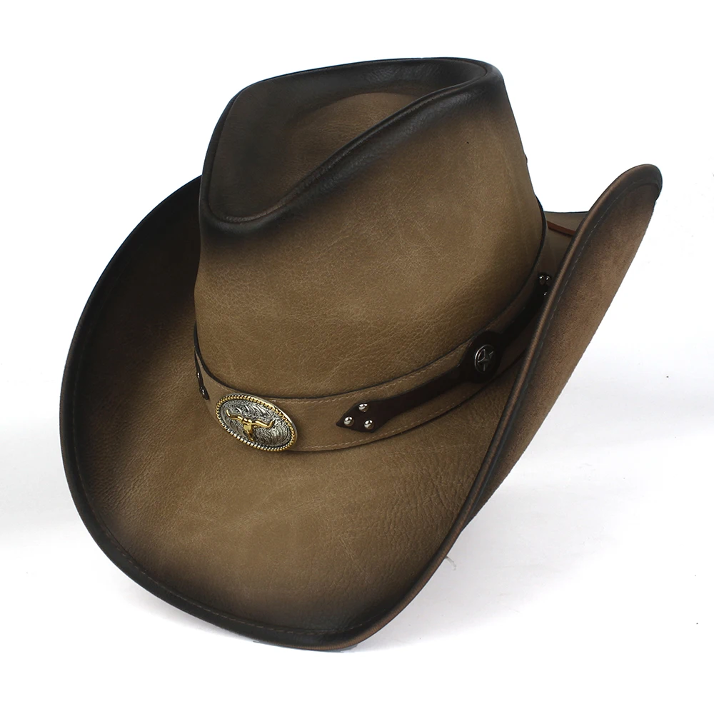 Men 100% Leather Western Cowboy Hat For Gentleman Dad Cowboy Sombrero Hombre Jazz Caps Size 58-59CM With Bull Band