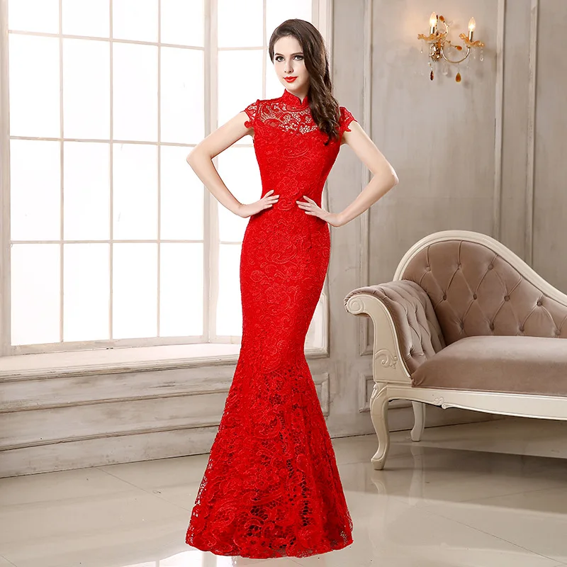 

Perspective Women Lace Dress Bride Wedding Party Mermaid Floor-Length Gown Elegant Backless Cheongsam Skirt Chinese Dresses