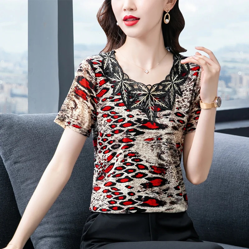 

Summer Women Leopard Mesh Shirt Blouse Casual Short-Sleeved Embroidery Lace Shirt Women Tops Elastic Loose Work Shirt Clothes