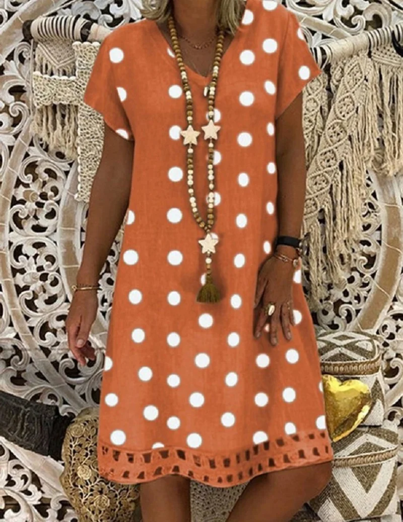 

Ladies Clothing Summer Style European / American Women's Short-sleeved V-neck Polka-dot Printing Mid-length Explosive Dress WE35