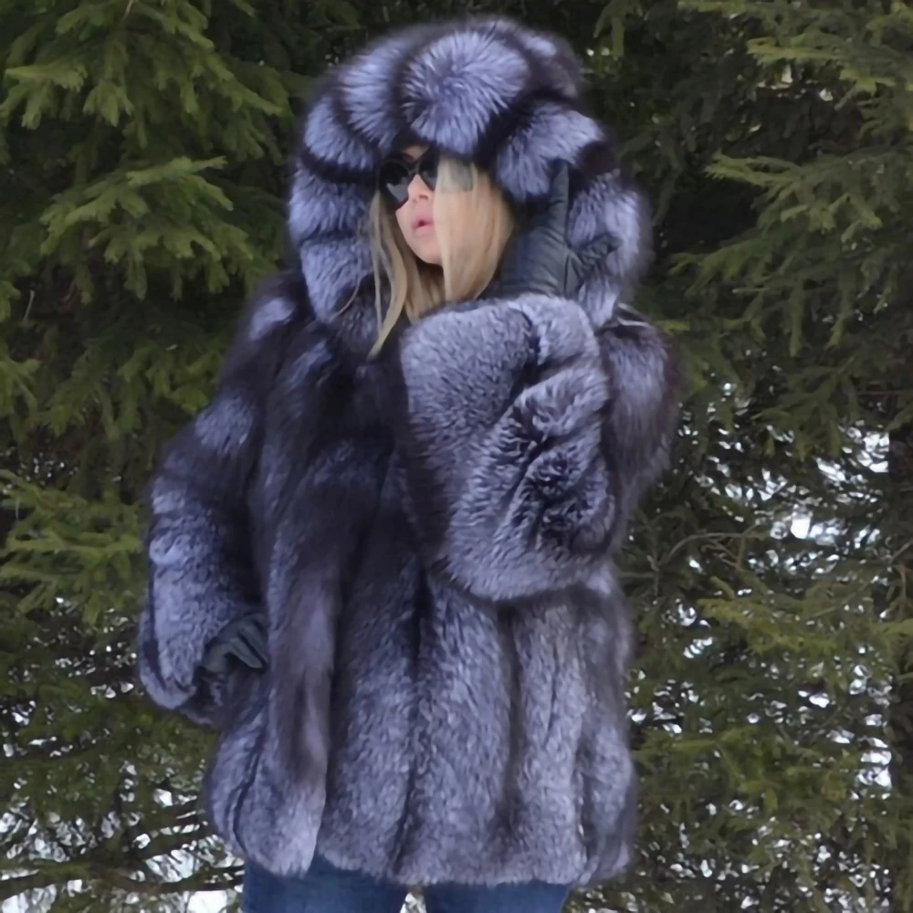 TOPFUR NEW Real Fur Coat Women Luxury  Winter thick Fur Jacket With Fur Hood High Quality Fashion Natural Silver Fox Fur Coat