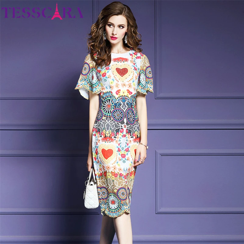 Женское платье с бисером TESSCARA Осеннее Роскошное хлопковое принтом вечерние