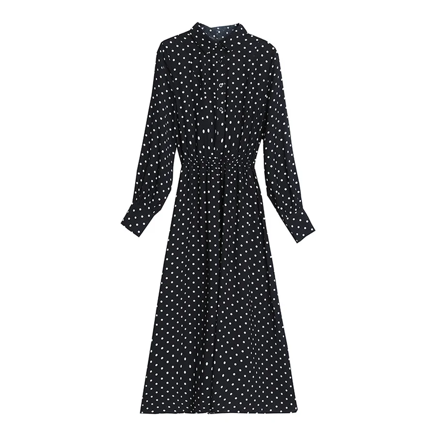 

2021 Vintage Black Dot Chic Midi Dresses Autumn Winter Femal Print Beach Long Sleeve Dresses Women Bodycon Party Classy Vestidos
