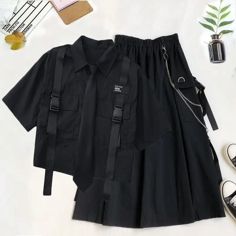 

2021 Summer New T Shirt+Skirt Ribbon 2 Piece Suit Female Harajuku Loose Short Sleeved Shirt+High Waist Skirt Two-Piece Set