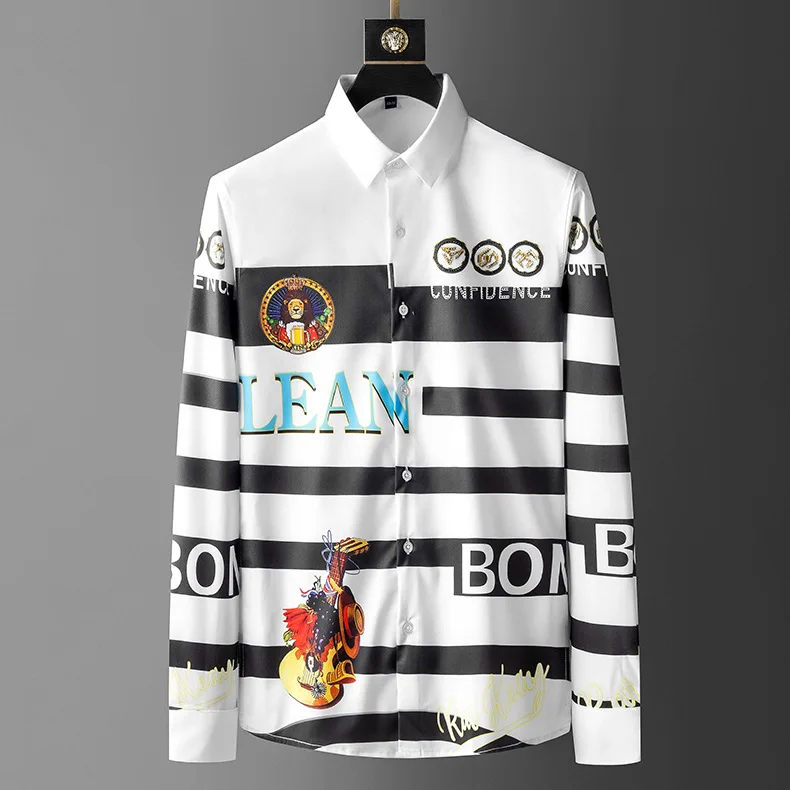 

Shirt Men Long Sleeve European Fashion Rhinestones Shirt New British Shirt Luxury Men Korean Men Clothes Striped Shirt Men Dress