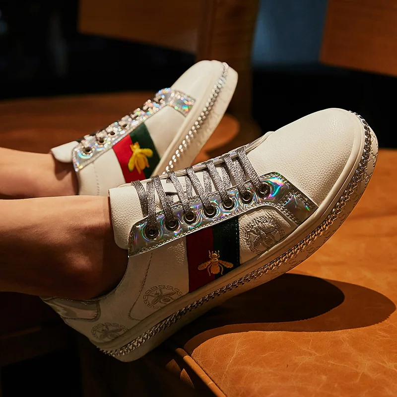 

Кроссовки мужские с вышивкой пчела, удобная повседневная Уличная обувь на низкой подошве, блестящие Сникерсы для скейтборда, пар