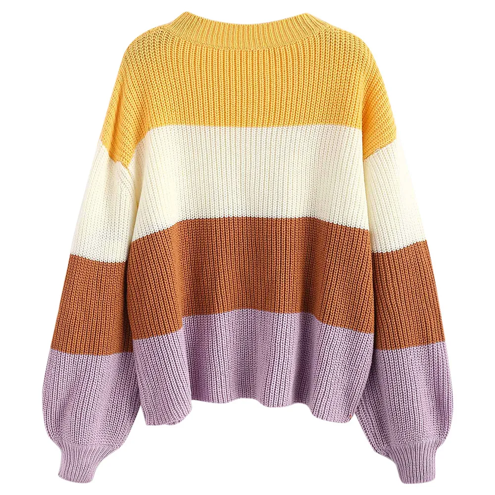 ZAFUL Color Block Stripes Pullover Sweater Women O-Neck Oversize Sweaters Lantern Sleeve Warm Pullovers Autumn Winter Loose Tops | Женская