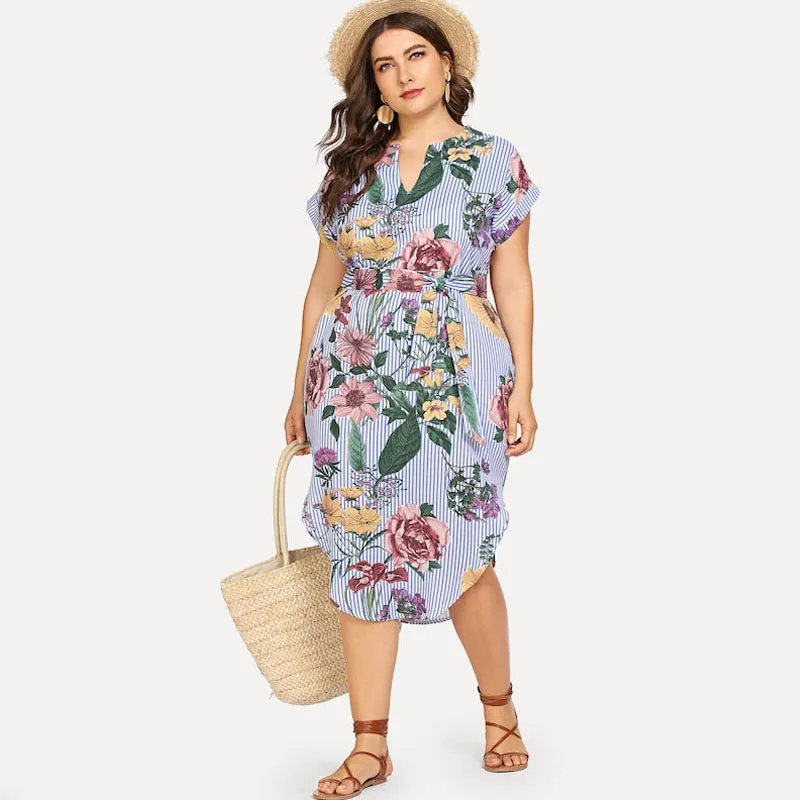 

2021 Plus Size Dresses Floral Print V Neck Dress Summer Party Women Beach Big Size Clothes Holiday Boho Vintage Large Size Dress