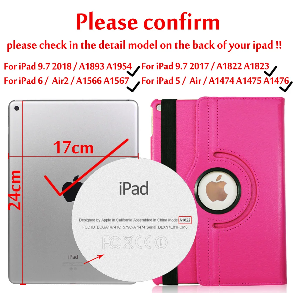 Rose red Чехол для iPad 9,7,,, Чехол для iPad Air 2, Air 1, чехол, 5, 6, 5, 6, 6 поколение, чехол, вращающийся на 360 градусов, кожаный смарт-чехол - Цвет: Rose red