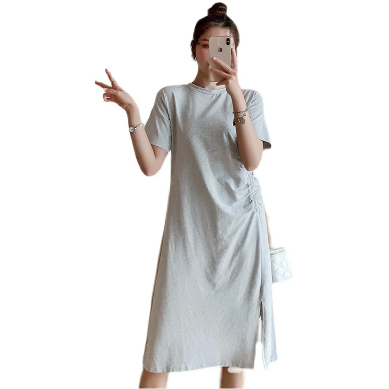

9552# Summer Casual Cotton Maternity Dress Drawstring Waist Slim Hot Clothes for Pregnant Women Side Splits Pregnancy Clothing