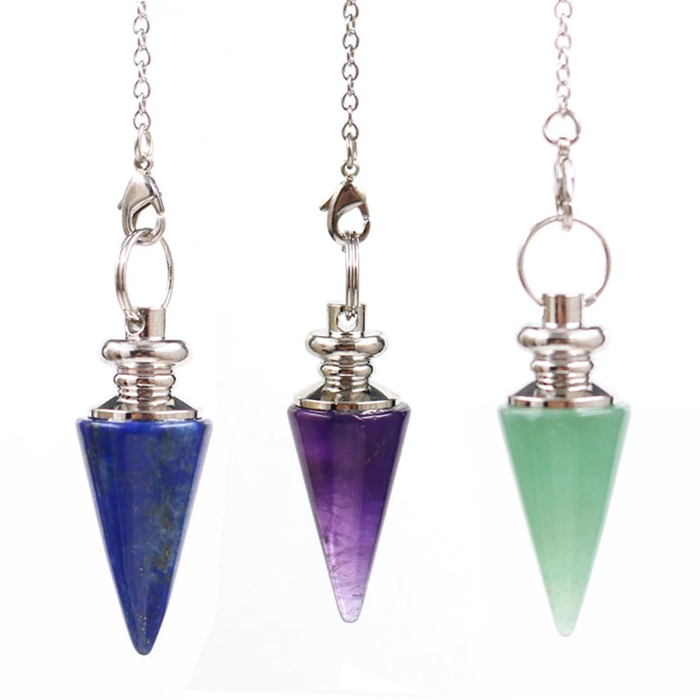 

Conical Divination Pendulum Silver Chain Taper Natural Lapis Lazuli Amethyst Reiki Stone Pendulum Crystal Spiritual Pendant Gems