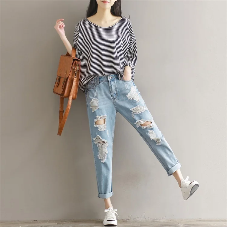 Осень 2020 женские джинсовые брюки школьные с большими дырками для девочек тонкие