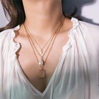 free shipping rose flower tag pendant necklaces for women pearl gold lock pendant 3 layered chain necklace jewelry