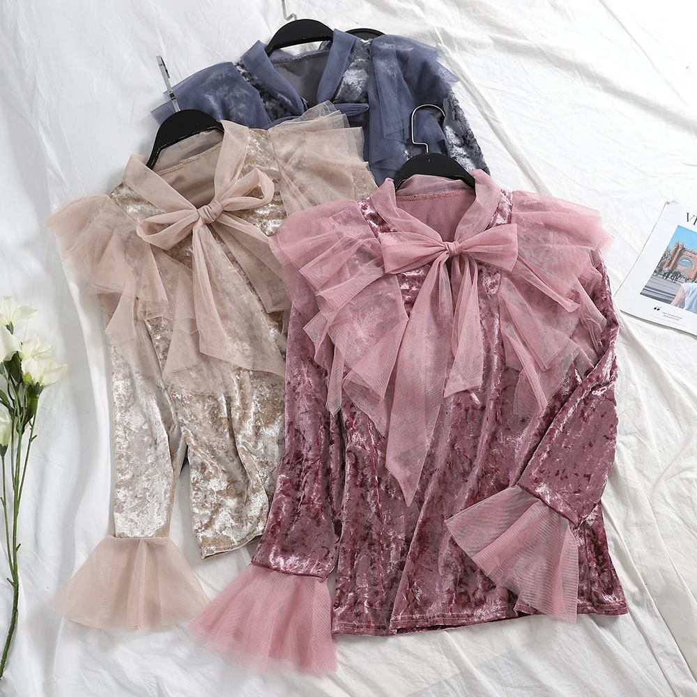 

2020 Women Flare Sleeve Velvet Layers Mesh Gauze Basic Ruffles Bow Shirt Vintage Bandage Strap Elastic Slim Pullover Blouse Tops