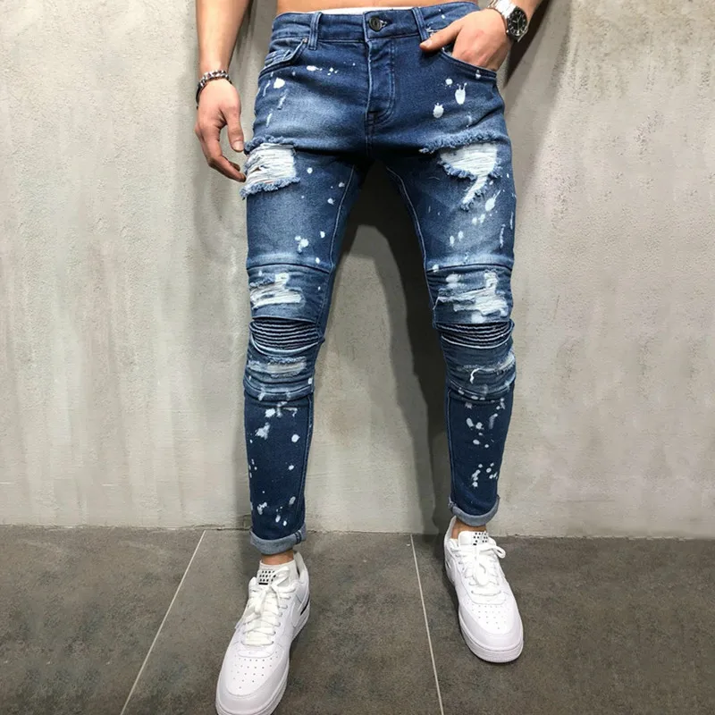 

Men Hip Hop Ripped Splashing Ink Skinny Biker Jeans Knee Pleated Distressed Motorcycle Streetwear Men Joggers Denim Trousers