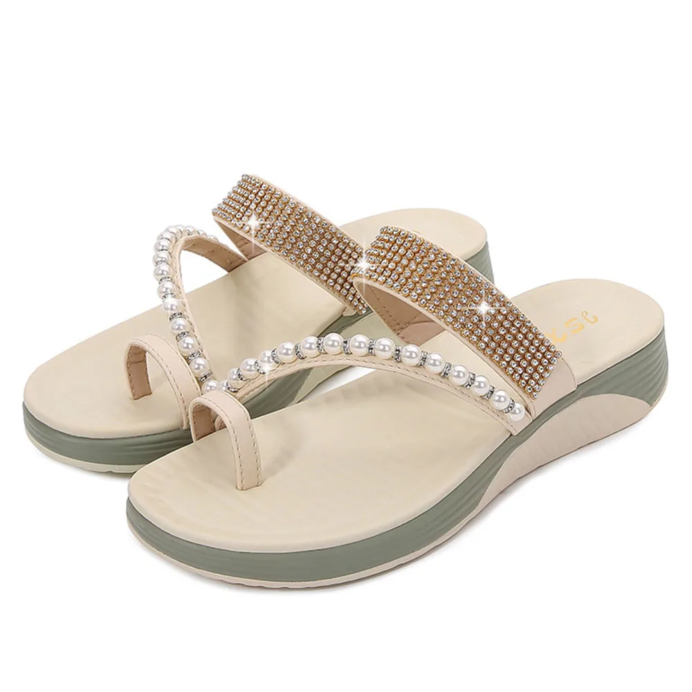 

Модные женские тапочки с бусинами, летняя уличная легкая крутая обувь, женские шлепанцы на плоской подошве, повседневные Нескользящие пляж...