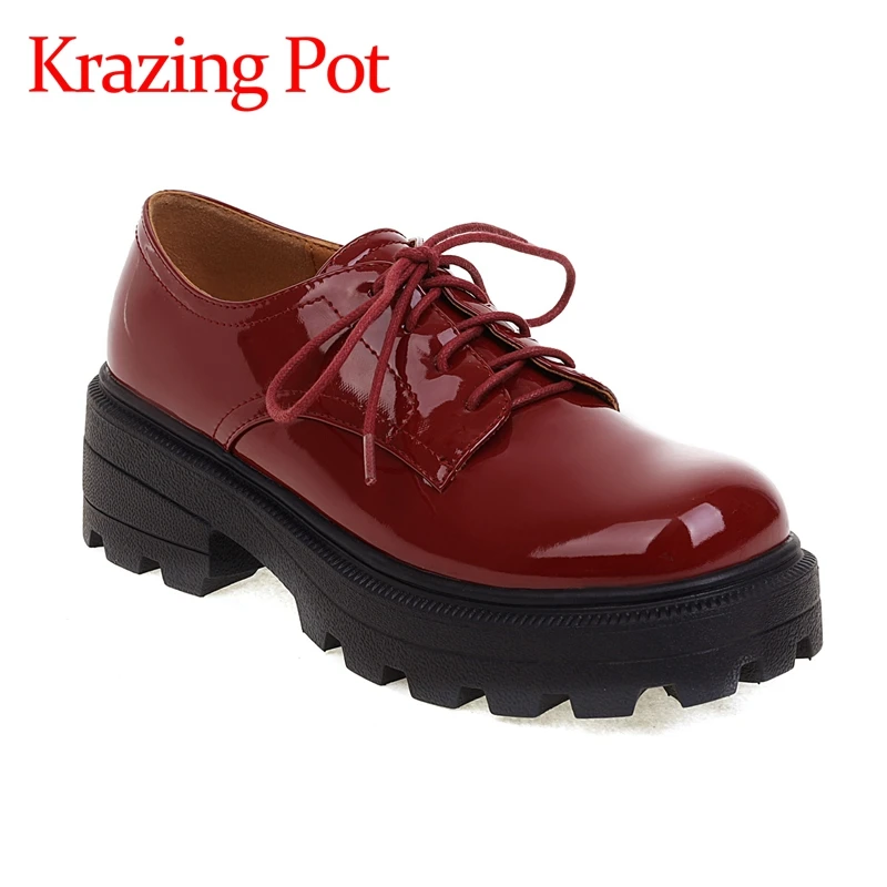 

Krazing pot classic leather shoes microfiber flat platform cross-tied square toe med heels large size 43 office lady pumps l6f1