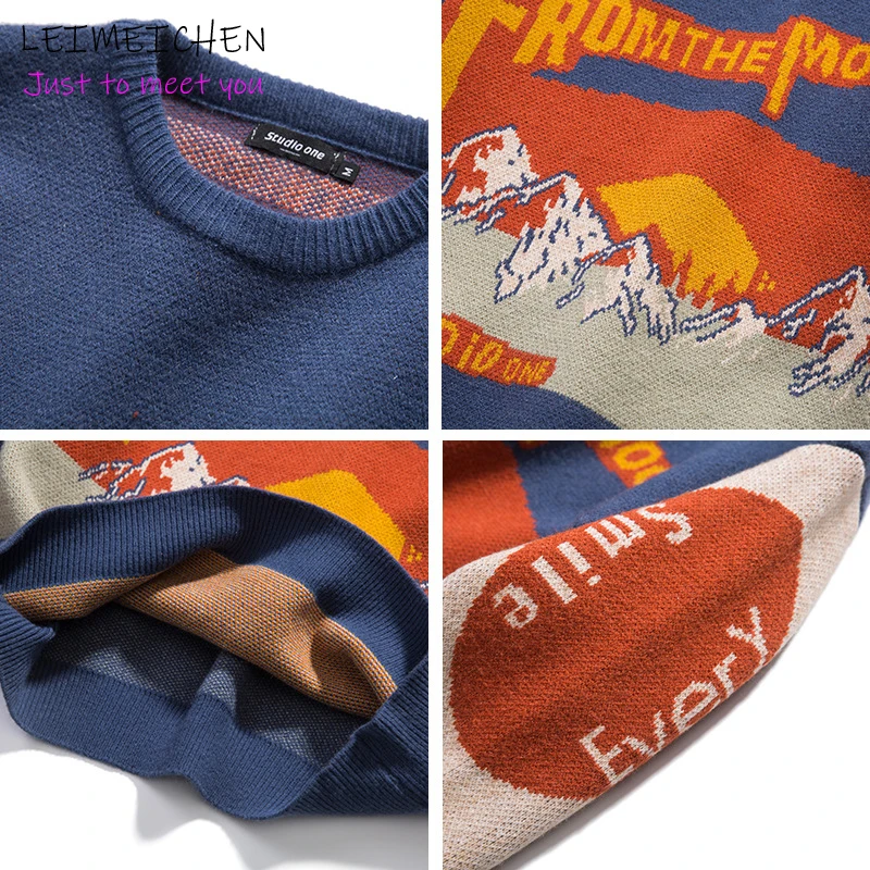 

LEIMEICHEN Men Sunset Print Vintage Winter Sweaters 2020 Pullover Mens O-Neck Fashions Sweater Women Casual Harajuku Clothes