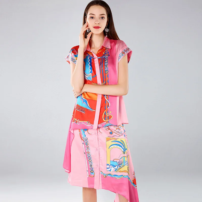 

Spring and Summer New Women's Clothing Personality Shirt Irregular Skirt Printed Fashionable and Graceful Suit Two-Piece Set