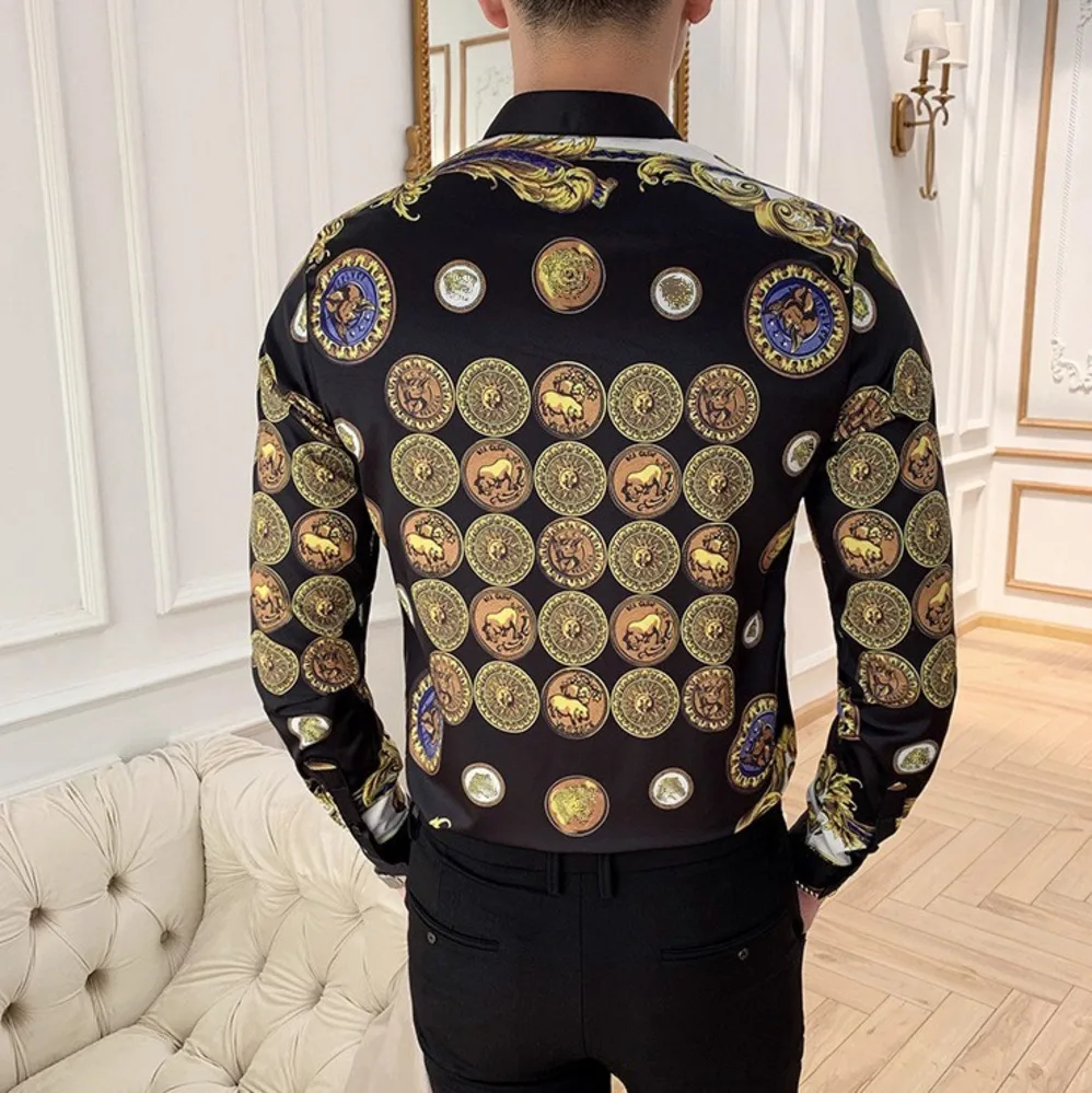 

Gold Print Luxury Men Shirt Casual Slim Fit Long Sleeve Male Dress Shirts Club Work Vintage Tuxedo Shirt Camisa Social Masculina
