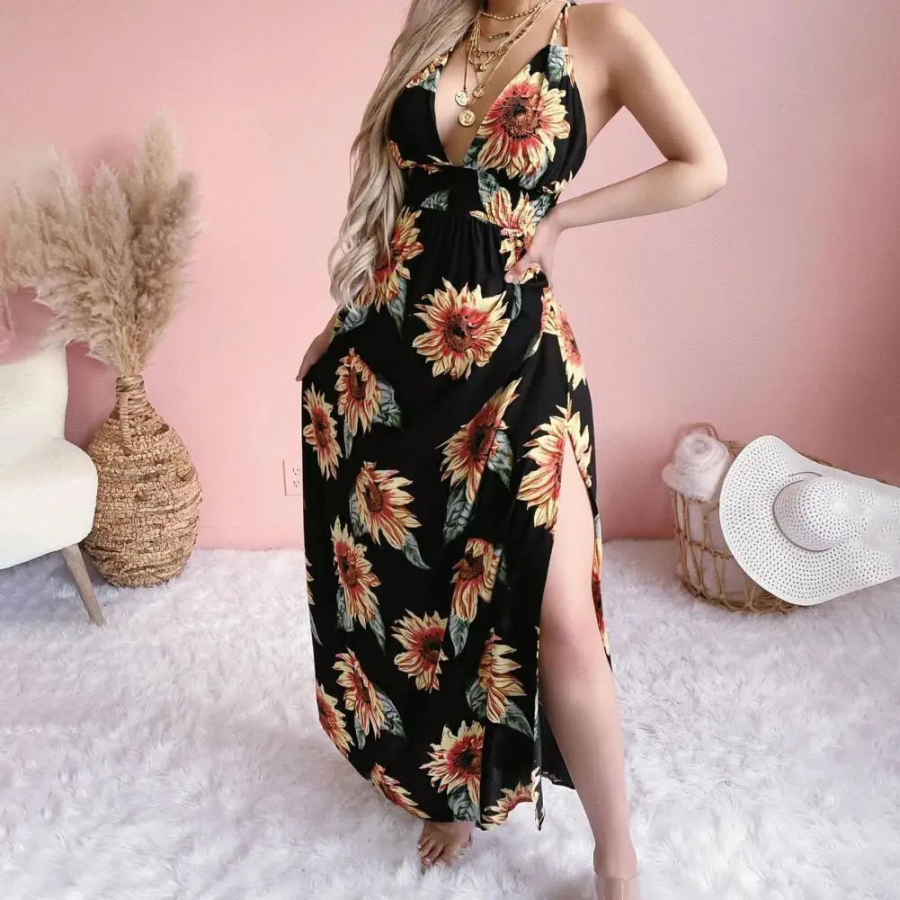 

Hot Sales!! Bohemian Women Dress Deep V Neck Large Slit Hem Sunflower Print Backless Maxi Sling Dress for Party