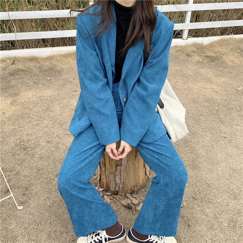 Модные элегантные деловые брючные костюмы для женщин синий вельветовый пиджак и