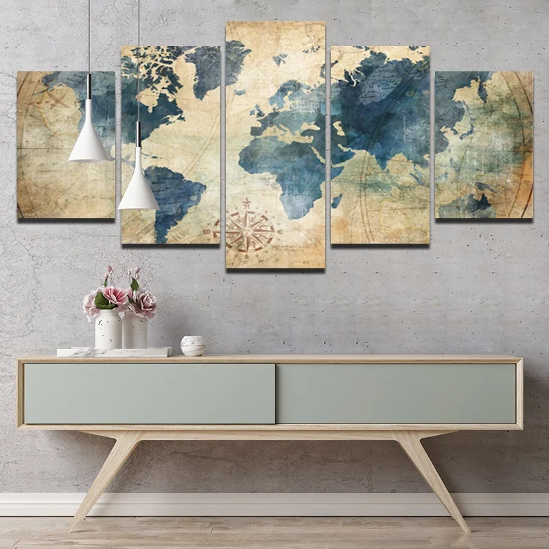 

Vintage World Map Abstract Home Decor Canvas Painting Art Posters Hd Printed 5 Panel Picture for Living Room Home